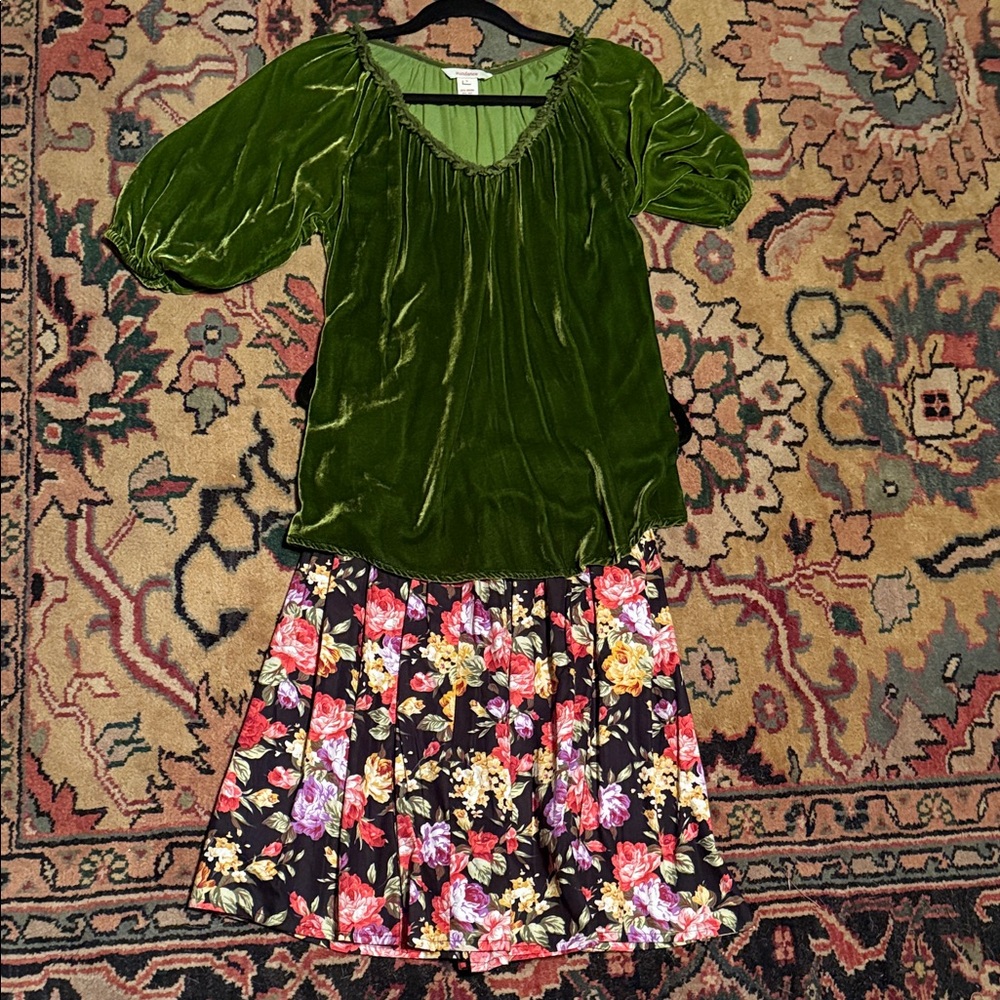Green rayon Velvet Top and Floral  cotton Skirt Set stretches to 34”